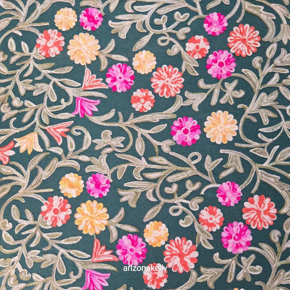 Green "Cashmere" Scarf with Chain Stitch Embroidery Flowers and Leaves - Picture 7 of 16